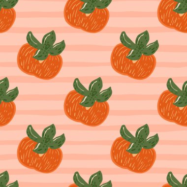 Lezzetli yiyecekler, portakallı meyve desenleri. Pembe çizgili arka plan. Kumaş tasarımı, tekstil baskısı, ambalaj, kapak için harika. Vektör illüstrasyonu