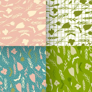 Dalları ve çiçekli siluetleri olan dikişsiz orman desenleri. Yeşil tonlar botanik stili sanat eserleri. Duvar kâğıdı, tekstil, ambalaj kağıdı, kumaş için dekoratif zemin. Vektör illüstrasyonu.