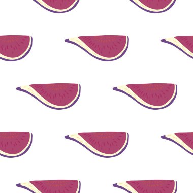 Pembe incir süslemesi ile izole edilmiş, dikişsiz meyve deseni. Beyaz arka plan. Güzel vitamin baskısı. Kumaş tasarımı için dekoratif zemin, tekstil baskısı, ambalaj, kapak. Vektör illüstrasyonu.