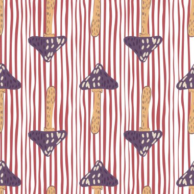 Sihirli mantar karikatür elementleri ile yaratıcı kusursuz desen. Çizgili arka plan. Kumaş tasarımı, tekstil baskısı, ambalaj ve kapak için mükemmel. Vektör illüstrasyonu.