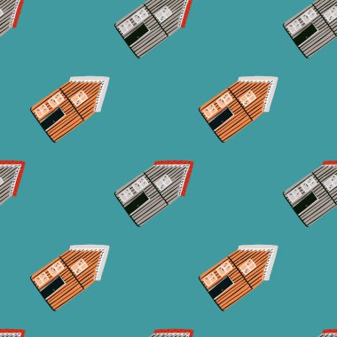 Scandi minimalist, kahverengi ahşap ev elementleriyle kusursuz desen. Mavi arka plan. Duvar kağıdı, tekstil, ambalaj kağıdı ve kumaş baskısı için tasarlanmış. Vektör illüstrasyonu.