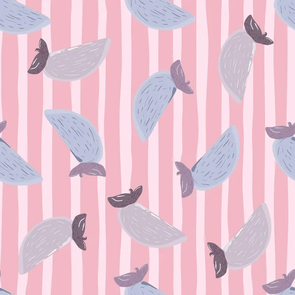 Ζυμαρικά αδιάλειπτη μοτίβο doodle με μπλε χλωμό φέτα λωτού λωτού σιλουέτες. Ροζ ριγέ φόντο. — Διανυσματικό Αρχείο