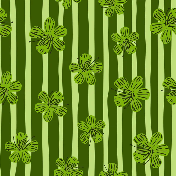 緑の手描きの花飾りと抽象的な植物シームレスパターン。背景の縞. — ストックベクタ