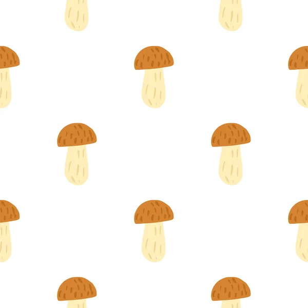 Forest seamless pattern with doodle brown champignon mushroom ornament on white background. — Stock Vector