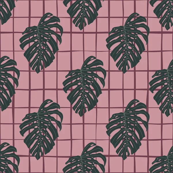 Padrão de doodle sem costura floral simples com ornamento monstera verde. Rosa chequered fundo. —  Vetores de Stock