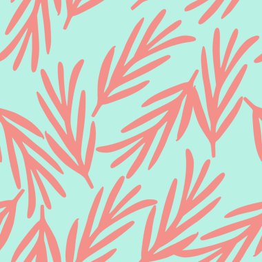 Basit pembe biberiye dalları süslemesiyle kusursuz rastgele desenler. Mavi arka plan. Kumaş tasarımı, tekstil baskısı, ambalaj ve kapak için mükemmel. Vektör illüstrasyonu.