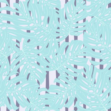 Çizgili arka planda açık mavi canavar şekilli soyut karalamalar. Duvar kağıdı, tekstil, ambalaj kağıdı, kumaş baskısı için dekoratif zemin. Vektör illüstrasyonu.