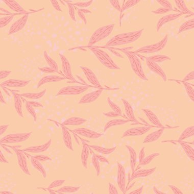 Gelişigüzel yeşillik siluetleriyle dekoratif, pürüzsüz karalama deseni. Dalları pembe sanat eserleri bırakıyor. Kumaş tasarımı için dekoratif zemin, tekstil baskısı, ambalaj, kapak. Vektör illüstrasyonu.
