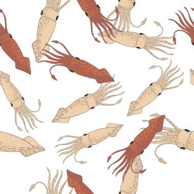 Rastgele bej ve kırmızı pastel mürekkep balığı şekilli izole edilmiş, pürüzsüz desen. Beyaz arka plan. Duvar kağıdı, tekstil, ambalaj kağıdı, kumaş baskısı için mükemmel. Vektör illüstrasyonu.