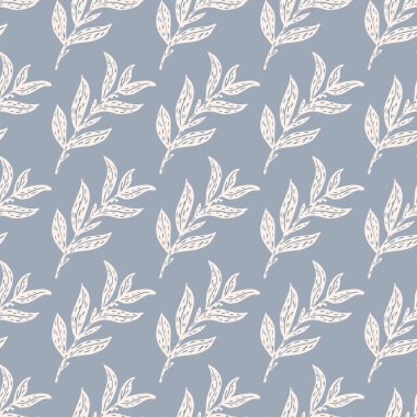 Dekoratif süslemesiz desen. Mavi arka planda hafif karalama yaprağı silueti süsü var. Kumaş tasarımı için dekoratif zemin, tekstil baskısı, ambalaj, kapak. Vektör illüstrasyonu.
