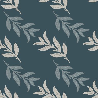 Doğa ile minimalist, pürüzsüz desen. Gri karalama, lacivert arka planda dallar bırakır. Kumaş tasarımı için dekoratif zemin, tekstil baskısı, ambalaj, kapak. Vektör illüstrasyonu.