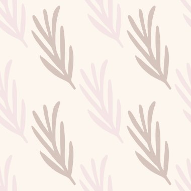 Solgun pastel renkler, biberiye yapraklarının süslediği pürüzsüz desenler. Mor açık renk. Kumaş tasarımı, tekstil baskısı, ambalaj ve kapak için mükemmel. Vektör illüstrasyonu.