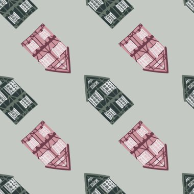 Çizgi filmci çocuklar, yeşil ve pembe ev unsurlarıyla kusursuz şehir şablonu. Soluk gri arka plan. Kumaş tasarımı, tekstil baskısı, ambalaj ve kapak için mükemmel. Vektör illüstrasyonu.