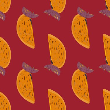 Elle çizilmiş soyut, dikişsiz organik gıda deseni ve portakal dilimleri. Koyu pembe arka plan. Kumaş tasarımı, tekstil baskısı, ambalaj ve kapak için tasarlandı. Vektör illüstrasyonu.