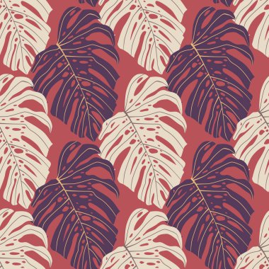 Basit ışık ve mor canavar süsüsüyle kusursuz mizah deseni. Pembe arka plan. Duvar kağıdı, tekstil, ambalaj kağıdı, kumaş baskısı için dekoratif zemin. Vektör illüstrasyonu.