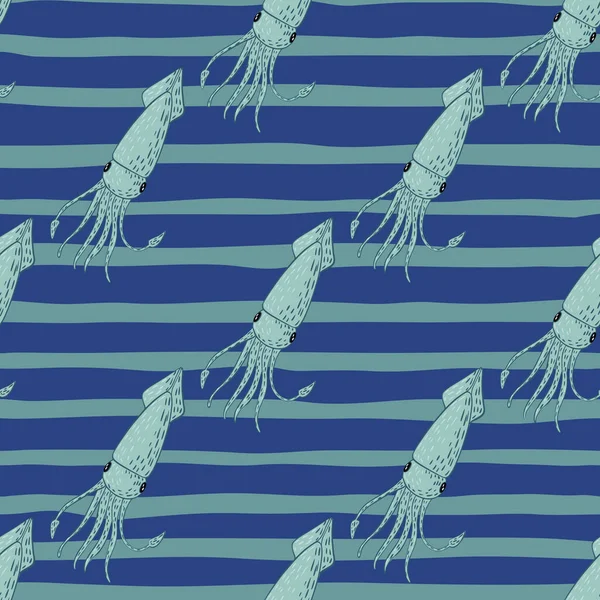Океанічна Тварина Безшовний Візерунок Простим Орнаментом Кальмарів Синій Смугастий Фон — стоковий вектор