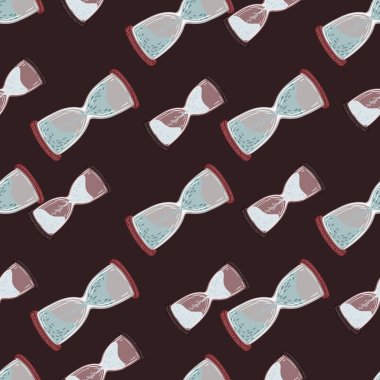 Mavi ve kahverengi pastel renkler kum saati süslemesi pürüzsüz desen. Koyu kahverengi arka plan. Kumaş tasarımı için dekoratif zemin, tekstil baskısı, ambalaj, kapak. Vektör illüstrasyonu.