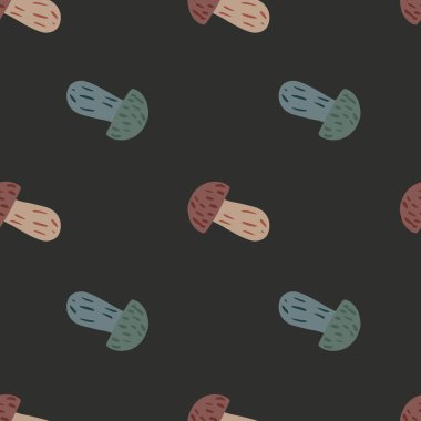 Kahverengi ve mavi renkli mantar elementleriyle soyut, dikişsiz, yabani yiyecekler. Siyah arka plan. Kumaş tasarımı, tekstil baskısı, ambalaj ve kapak için tasarlandı. Vektör illüstrasyonu.