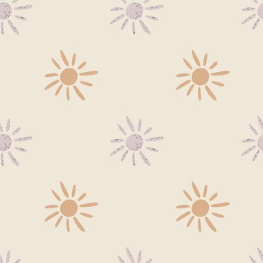 Pastel güneş siluetleriyle minimalist, pürüzsüz desen. Açık gri arkaplan. Yaz sanat eserleri. Kumaş tasarımı için dekoratif zemin, tekstil baskısı, ambalaj, kapak. Vektör illüstrasyonu.