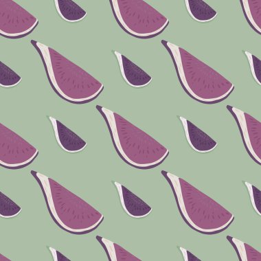 Pastel, incir mor pastel süslemeli kusursuz karalama deseni. Açık yeşil arka plan. Kumaş tasarımı, tekstil baskısı, ambalaj ve kapak için tasarlandı. Vektör illüstrasyonu.