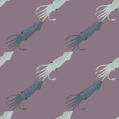 Basit mürekkep balığı süsüsüyle çizilmiş kusursuz bir çizgi film. Soluk mor arka plan. Duvar kağıdı, tekstil, ambalaj kağıdı, kumaş baskısı için mükemmel. Vektör illüstrasyonu.