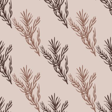 Kahverengi ve bej biberiyeli siluetler dikişsiz bitkisel desenler. Soluk pembe arka plan. Baharat arkaplanı. Kumaş tasarımı, tekstil baskısı, ambalaj ve kapak için mükemmel. Vektör illüstrasyonu.