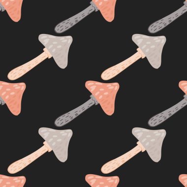 Kırmızı ve mor renkli hafif mantar siluetleri olan kusursuz karalama kalıpları. Siyah arka plan. Kumaş tasarımı, tekstil baskısı, ambalaj, kapak için harika. Vektör illüstrasyonu.