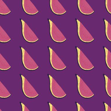 Pembe incir süslemeli tropik, dikişsiz meyve deseni. Mor parlak arkaplan. Vitamin elementleri. Kumaş tasarımı, tekstil baskısı, ambalaj ve kapak için tasarlandı. Vektör illüstrasyonu.