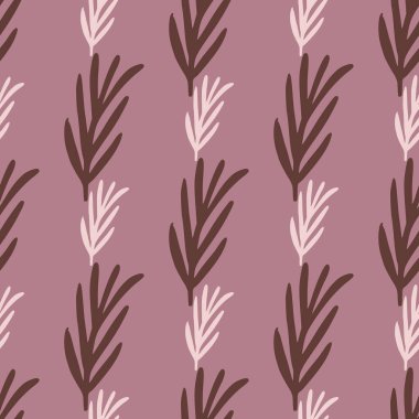 Basit yaprak dalları siluetleri olan, kusursuz çizgi film desenleri. Mor pastel botanik arka planı. Kumaş tasarımı, tekstil baskısı, ambalaj ve kapak için mükemmel. Vektör illüstrasyonu.