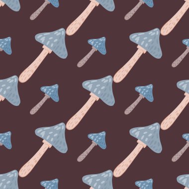 Mavi mantar soyut şekilleri kusursuz desenler oluşturur. Kahverengi arka plan. Basit bir parmak izi. Kumaş tasarımı, tekstil baskısı, ambalaj, kapak için harika. Vektör illüstrasyonu.