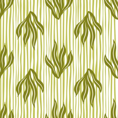 Yeşil zeytin yosunu şekilli el çizimi, pürüzsüz desen. Beyaz ve sarı çizgili arka plan. Kumaş tasarımı, tekstil baskısı, ambalaj ve kapak için tasarlandı. Vektör illüstrasyonu