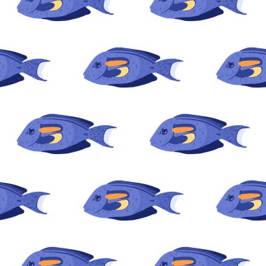 Parlak mavi cerrah balık şekilli izole karalama okyanus kusursuz desen. Beyaz arka plan. Kumaş tasarımı için dekoratif zemin, tekstil baskısı, ambalaj, kapak. Vektör illüstrasyonu