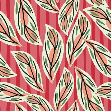 Elle çizilmiş parlak, rastgele siluetleri olan kusursuz doğa deseni. Pembe çizgili arka plan. Kumaş tasarımı, tekstil baskısı, ambalaj ve kapak için tasarlandı. Vektör illüstrasyonu