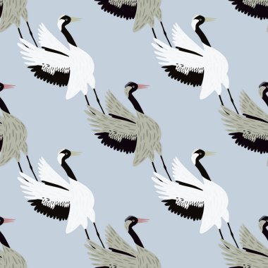 Elle çizilmiş vinç izli, kusursuz çizgi film hayvan deseni. Açık mavi arkaplan. Çin tasarımı. Kumaş tasarımı, tekstil baskısı, ambalaj ve kapak için tasarlandı. Vektör illüstrasyonu