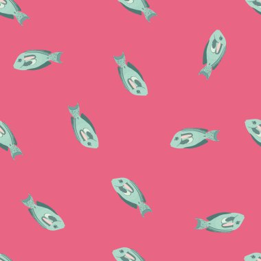 Basit cerrah balığı süsüsüyle karikatürsüz rastgele desen. Pembe arka plan. Doodle tarzı. Kumaş tasarımı için dekoratif zemin, tekstil baskısı, ambalaj, kapak. Vektör illüstrasyonu