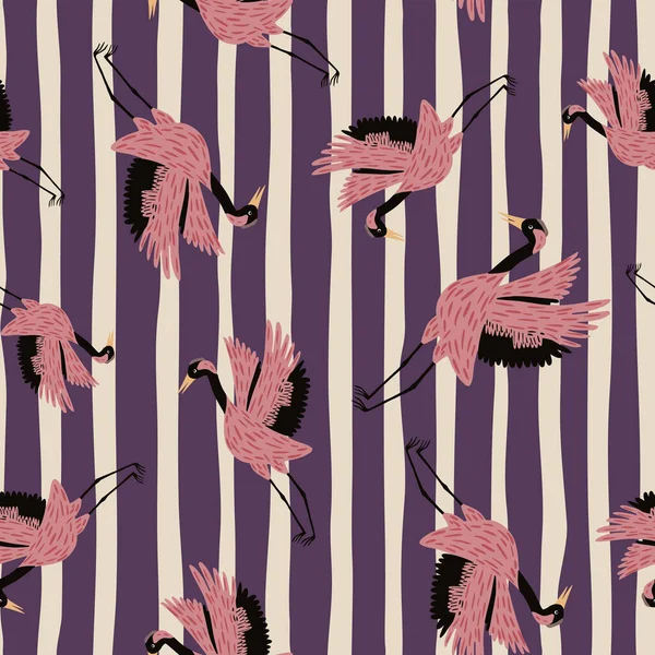 Náhodný Bezešvý Vzor Růžovým Japonským Ozdobou Jeřábů Ptáků Fialové Pruhované — Stockový vektor