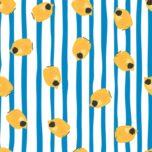 鮮やかな黄色の蝶の魚の装飾とシームレスなランダムパターン 白と青の縞模様の背景 ファブリックデザイン テキスタイルプリント ラッピング カバーのための装飾的な背景 ベクターイラスト — ストックベクタ