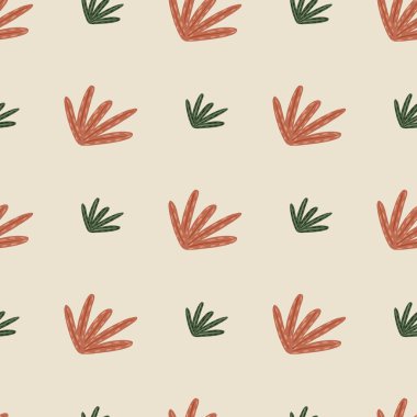 Soluk kırmızı ve yeşil yaprak şekilli, minimalist, pürüzsüz bir desen. Açık pembe arka plan. Kumaş tasarımı için dekoratif zemin, tekstil baskısı, ambalaj, kapak. Vektör illüstrasyonu