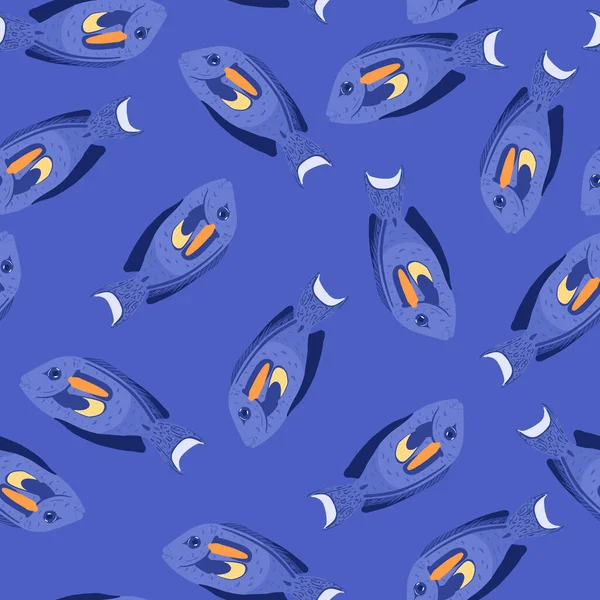 Helles Nahtloses Doodle Muster Mit Stilisiertem Chirurgenfischaufdruck Blautöne Vor Maritimer — Stockvektor