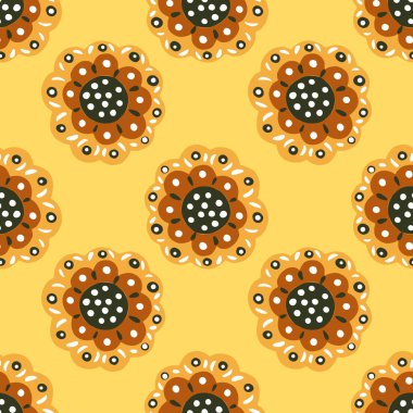 Süslü folyo tomurcuklarıyla el çizimi, pürüzsüz desen. Pastel sarısı arka plan. Yaratıcı sanat eserleri. Kumaş tasarımı, tekstil baskısı, ambalaj ve kapak için tasarlandı. Vektör illüstrasyonu