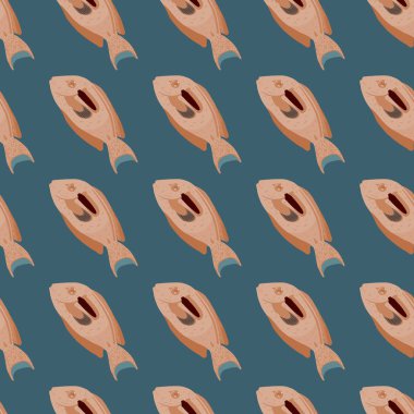 Basit bej cerrah balık şekilli, su geçirmez desenli. Deniz mavisi pastel arka plan. Kumaş tasarımı için dekoratif zemin, tekstil baskısı, ambalaj, kapak. Vektör illüstrasyonu