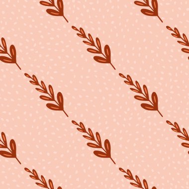 Elle çizilmiş kırmızı dalları olan dikişsiz desenler. Pembe noktalı arka plan. Flora baskısı. Kumaş tasarımı, tekstil baskısı, ambalaj ve kapak için mükemmel. Vektör illüstrasyonu.