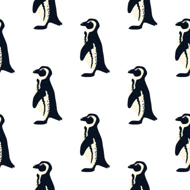 Tatlı penguen siluetleriyle izole edilmiş, kutup hayvanları. Beyaz arka plan. Basit bir tasarım. Kağıt ve kumaş dokuları için grafiksel tasarım. Vektör İllüstrasyonu.