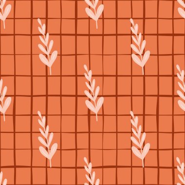 Soyut doğada, ışık, dalları ve elementleri iz bırakan pürüzsüz desen. Portakal renkli kareli arka plan. Kumaş tasarımı, tekstil baskısı, ambalaj ve kapak için mükemmel. Vektör illüstrasyonu.