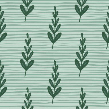 El çizimi yeşil yapraklar dallar süslemesiz karalama desenleri. Mavi çizgili arka plan. Kumaş tasarımı, tekstil baskısı, ambalaj ve kapak için mükemmel. Vektör illüstrasyonu.