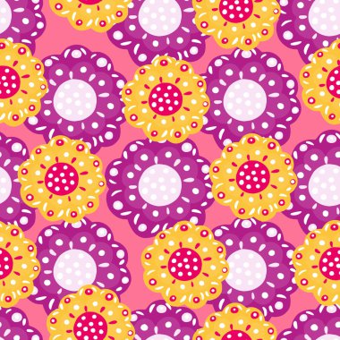 Soyut, parlak, pürüzsüz, mor ve sarı renkli folklor desenli süs deseni. Pembe arka plan. Kumaş tasarımı, tekstil baskısı, ambalaj ve kapak için tasarlandı. Vektör illüstrasyonu