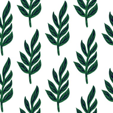 Yeşil yapraklı siluetleri olan izole botanik dikişsiz desen. Beyaz arka plan. Basit bir arkaplan. Kumaş tasarımı için dekoratif zemin, tekstil baskısı, ambalaj, kapak. Vektör illüstrasyonu.