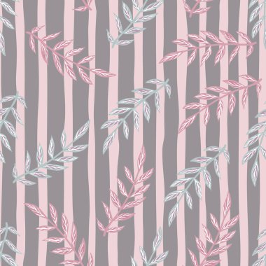 Pembe ve mavi dalları olan kusursuz bir doğa deseni. Çizgili pastel arka plan. Kumaş tasarımı, tekstil baskısı, ambalaj ve kapak için tasarlandı. Vektör illüstrasyonu