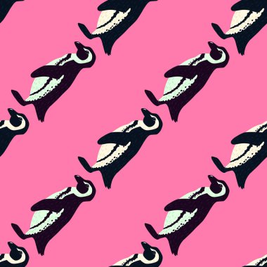 Elle çizilmiş penguen siluetleriyle parlak, kusursuz bir çizgi film deseni. Pembe arka plan. Hayvan izi. Kumaş tasarımı, tekstil baskısı, ambalaj ve kapak için mükemmel. Vektör illüstrasyonu.