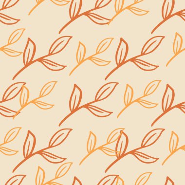 Kırmızı ve turuncu renkli yaprak dallı, yaratıcı, pürüzsüz desen. Pastel arka plan. Taslak şekiller. Kumaş tasarımı için dekoratif zemin, tekstil baskısı, ambalaj, kapak. Vektör illüstrasyonu.